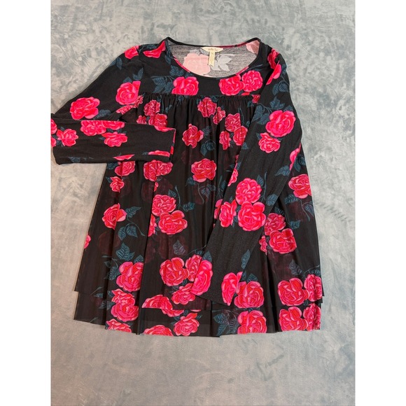Matilda Jane Tops - Matilda Jane Pink Rose Floral Babydoll Tunic Top Black Long Sleeve Medium